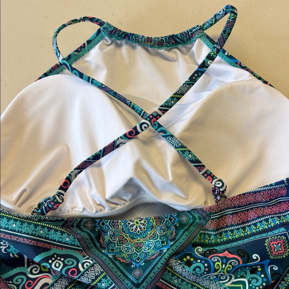 VENUS Teal Navy & Multicolor Halter Swim Top Sz 14 - Picture 5 of 6
